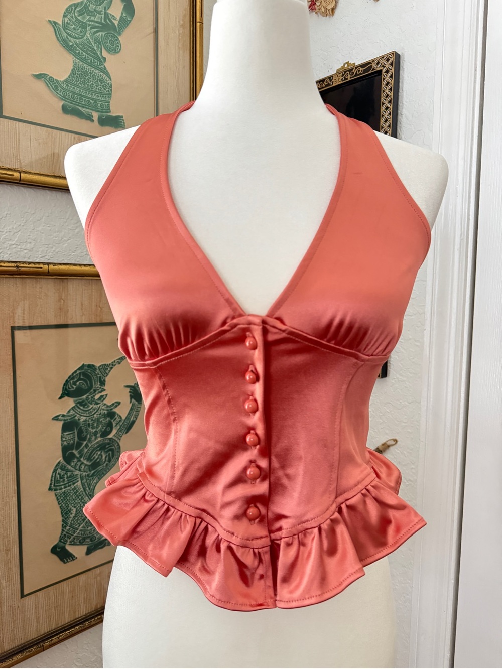 Kimchi Blue Coral Pink Satin Corset Halter Peplum Button-Front Top sz M
